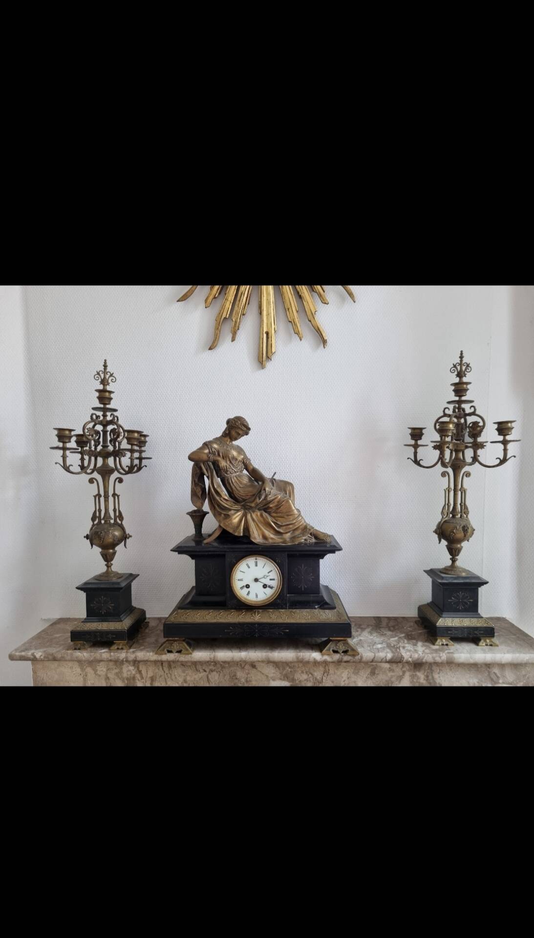 Antique bronze clock signed fireplace