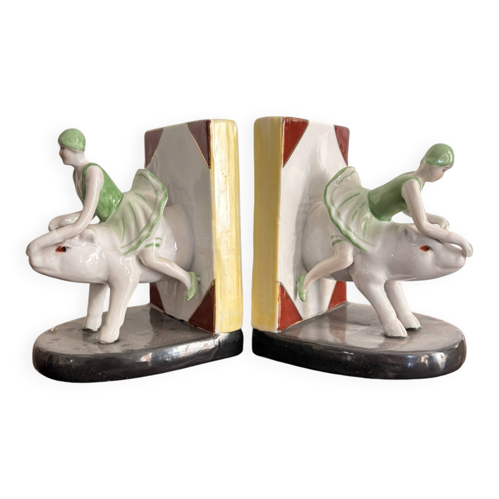 Old Pair of Bookends Porcelain White Girl Woman Equestrian Pig Art