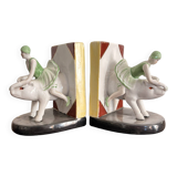 Old Pair of Bookends Porcelain White Girl Woman Equestrian Pig Art