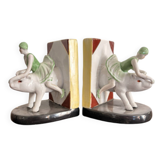 Old Pair of Bookends Porcelain White Girl Woman Equestrian Pig Art