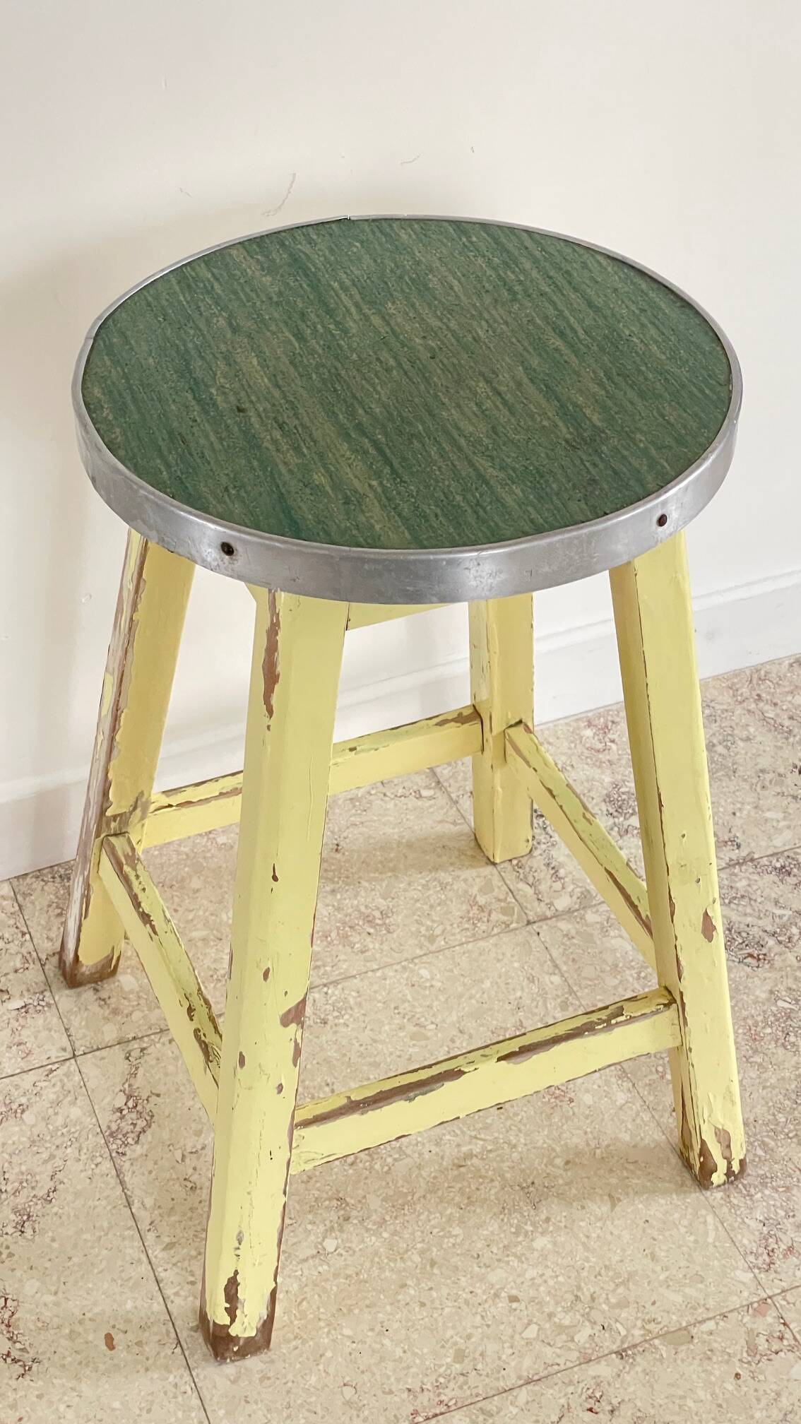 Vintage stool in solid oak green seat
