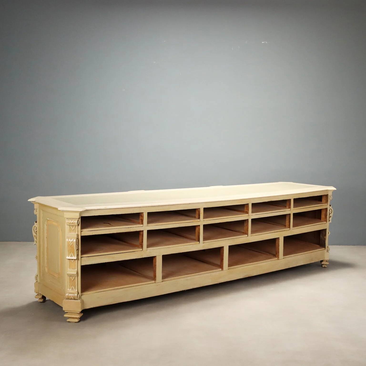 Antique pharmacy counter in lacquered walnut, Italy, late 19th century.