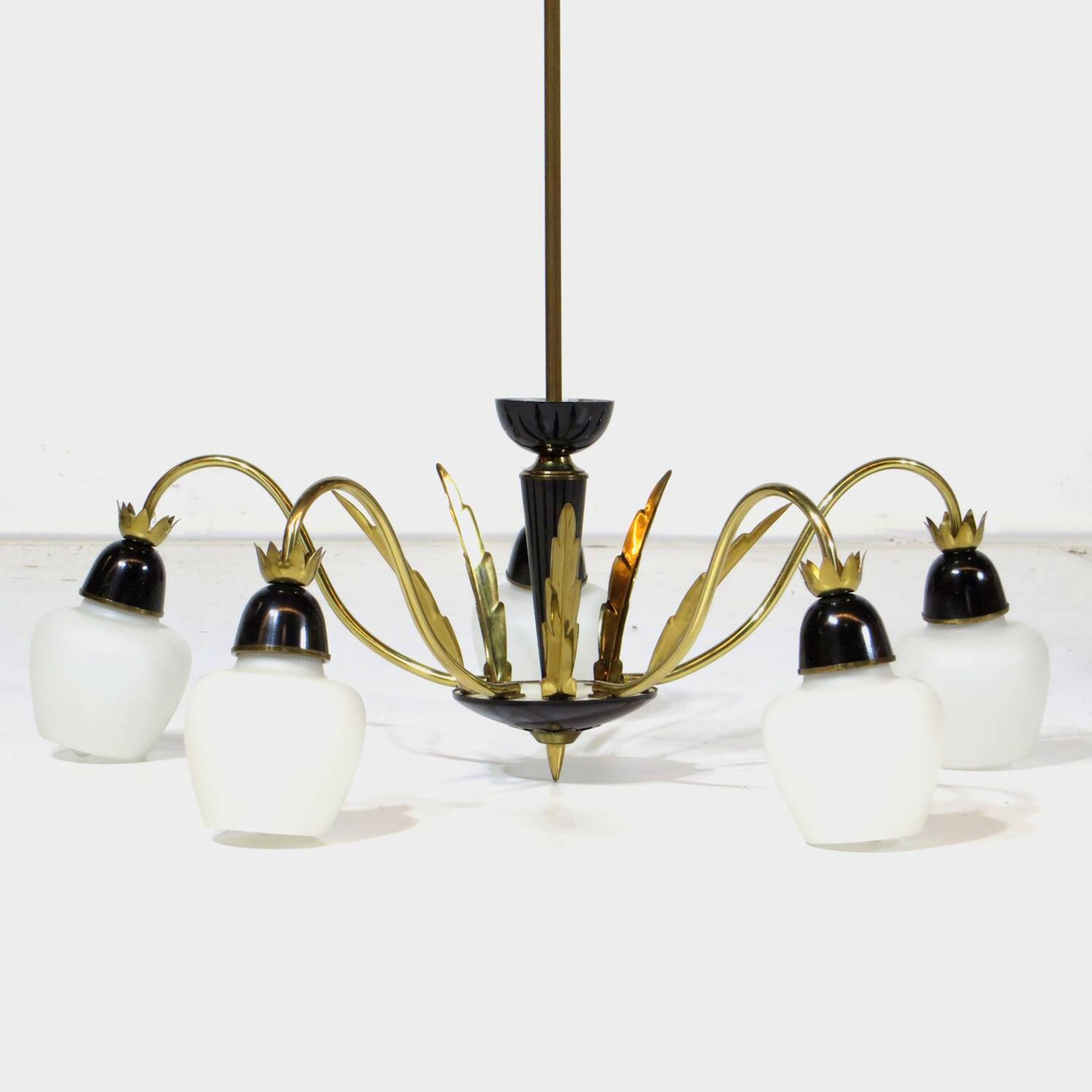 Vintage mid century chandelier in brass and opaline glass, 1960s