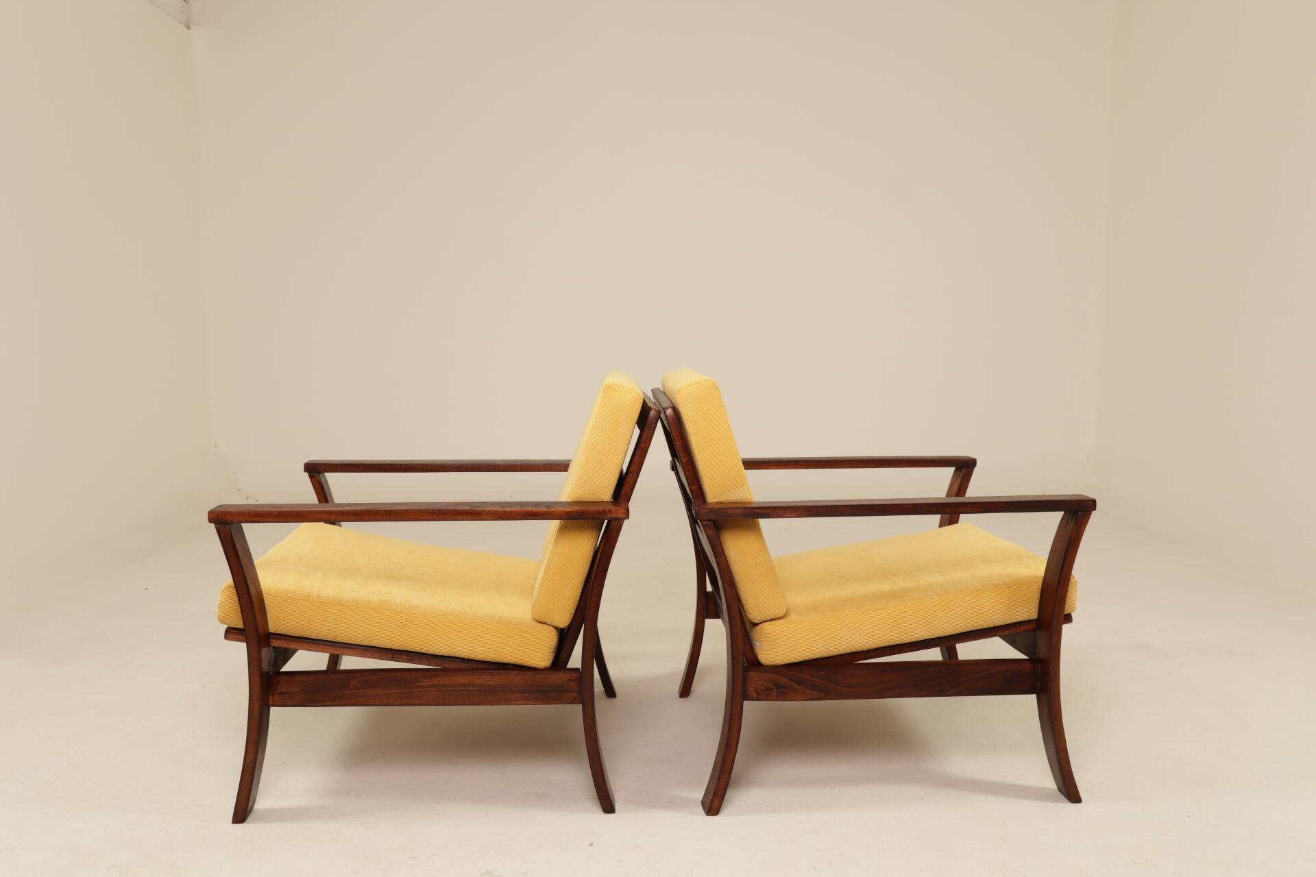 Pair of vintage curved beech armchairs, refurbished – Corduroy fabric