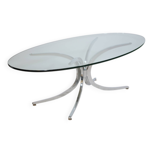 Table basse pieds araignée chromés et verre années 1970 Italie