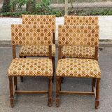 4 Henri II chairs in solid wood and yellow-beige velvet.