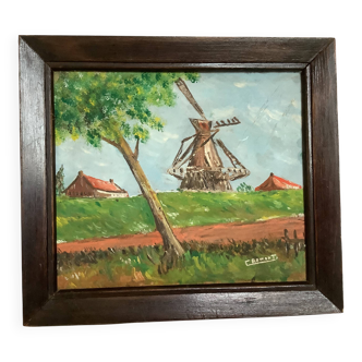 Small landscape painting of a mill, oil on panel, signed.