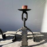 Pair of candlesticks with wrought iron chain