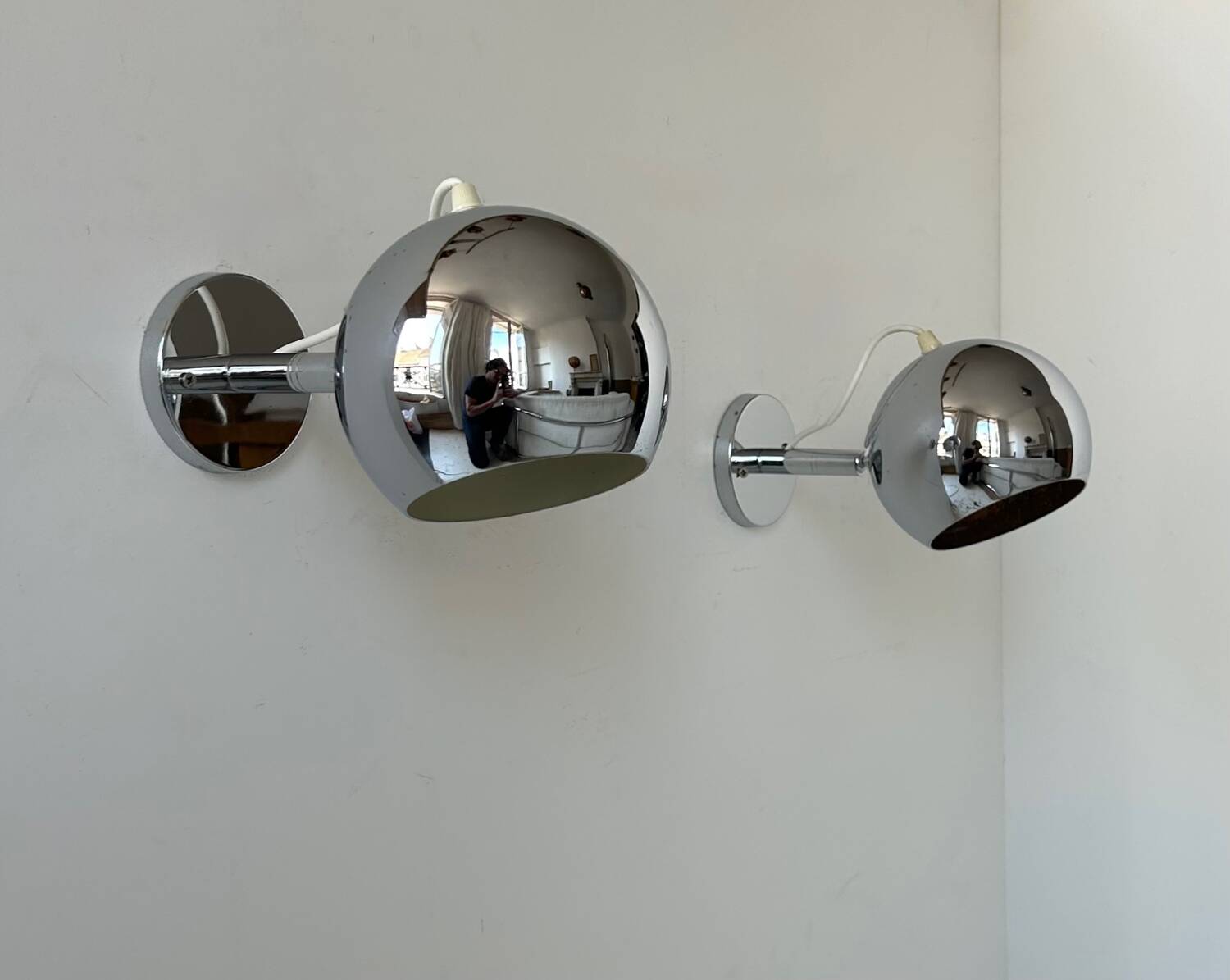 Pair of vintage chrome wall lights, adjustable, France 1960