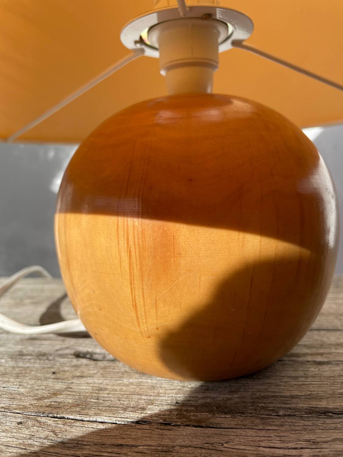 Wooden ball lamp with beige lampshade, 1980