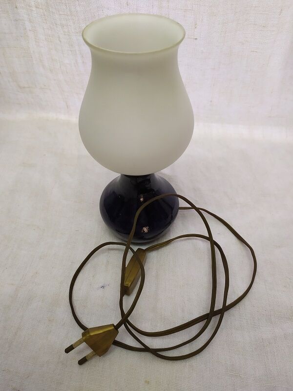 Bedside lamp base enamelled sandstone globe vintage old white glass