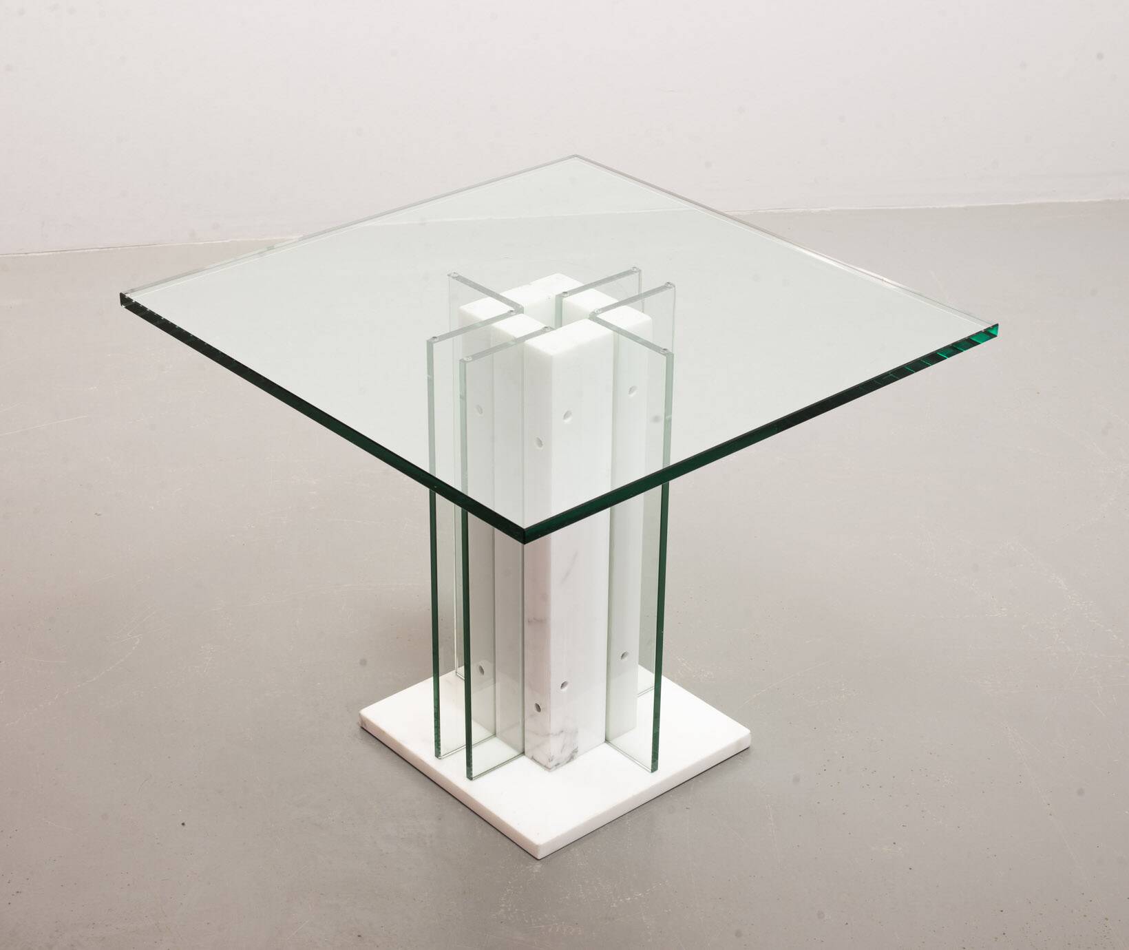 White Marble Italian Square Side Table with Glass Top and Lighting Option