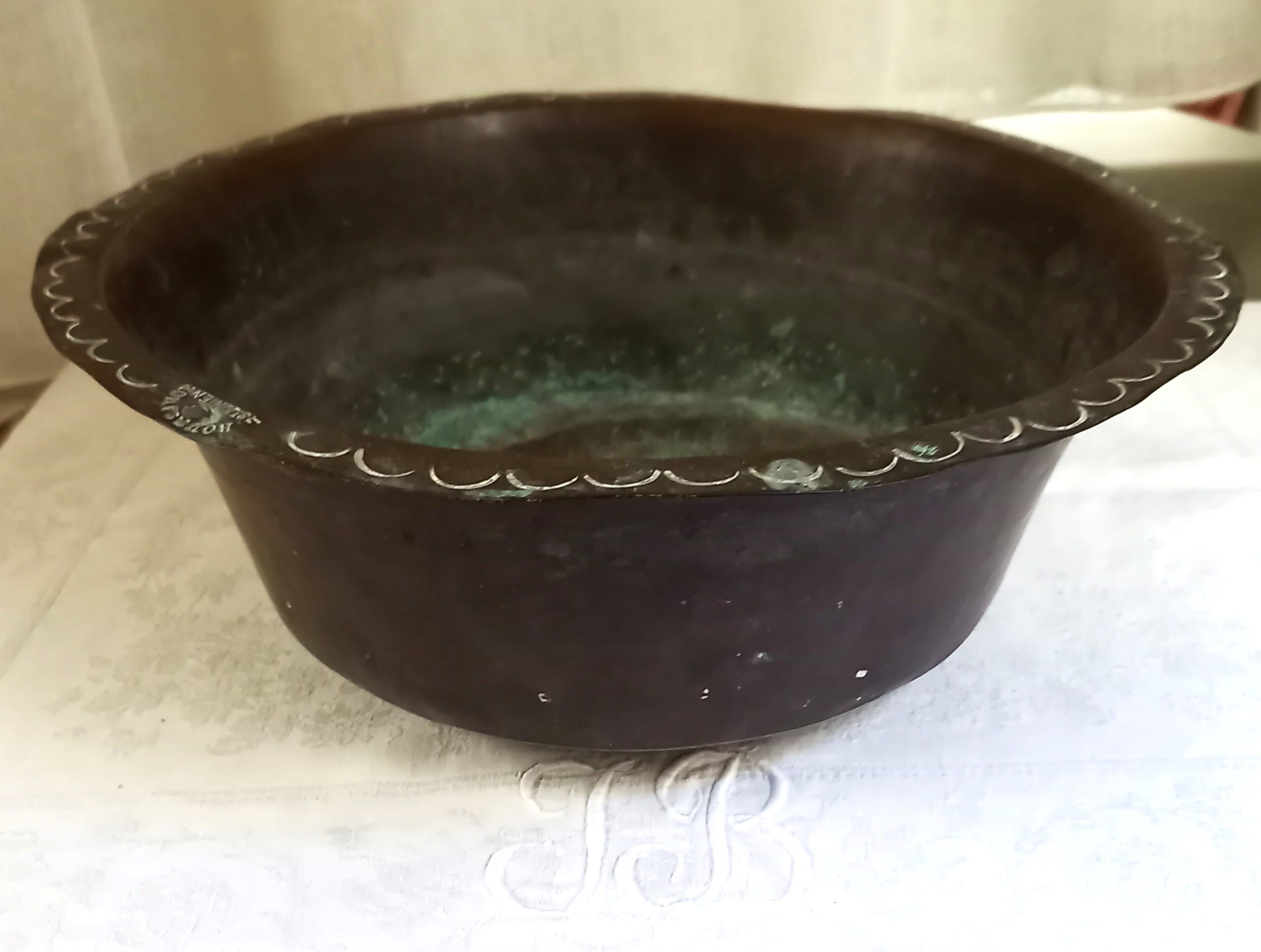 Old copper basin, stamped L.Roussange, Saint-Junien