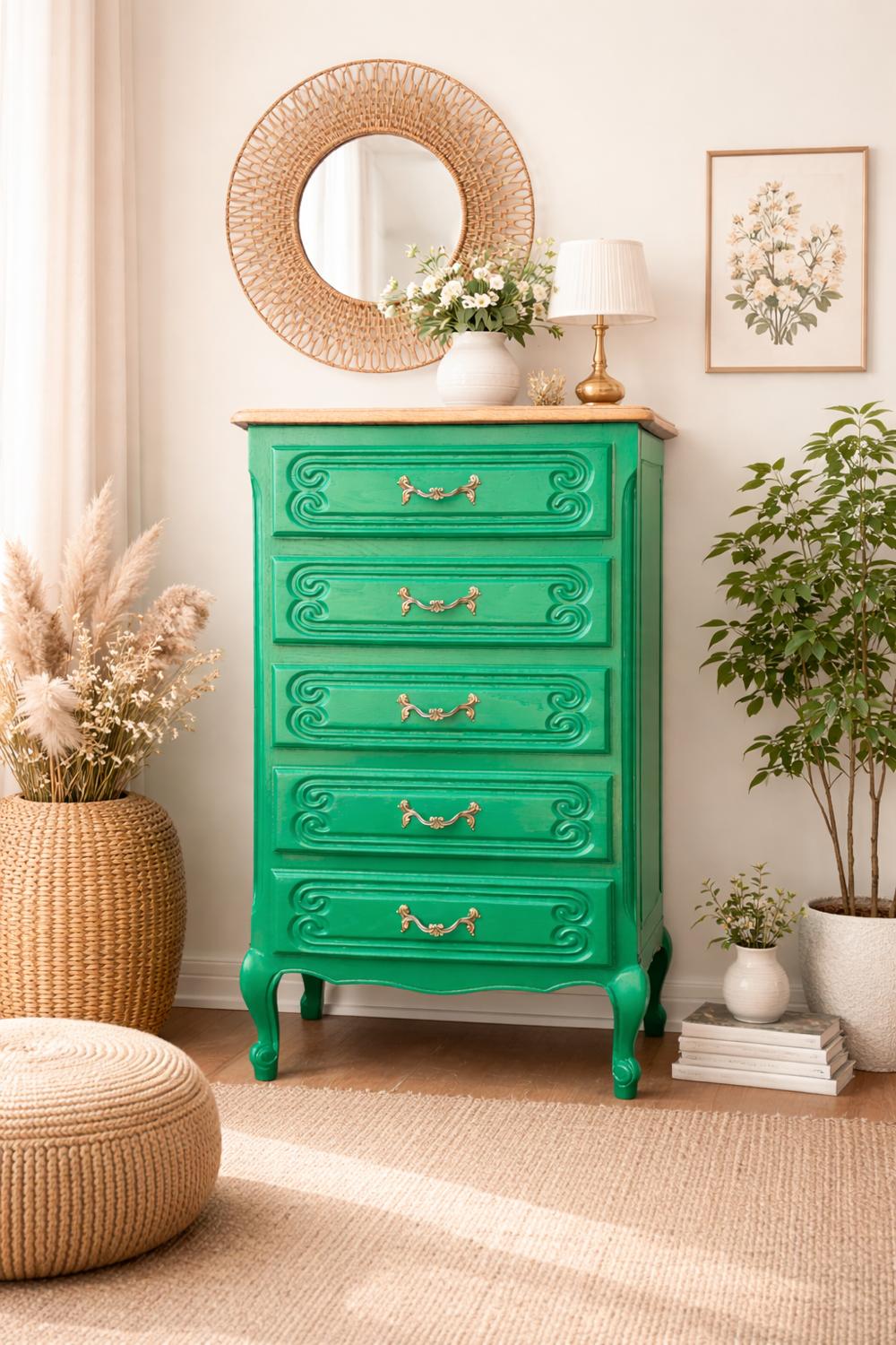 Vintage green oak chest of drawers from the 1960s.