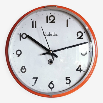 Vintage metal clock silent round wall pendulum "Vedette orange silver"