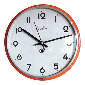 Vintage metal clock silent round wall pendulum "Vedette orange silver"