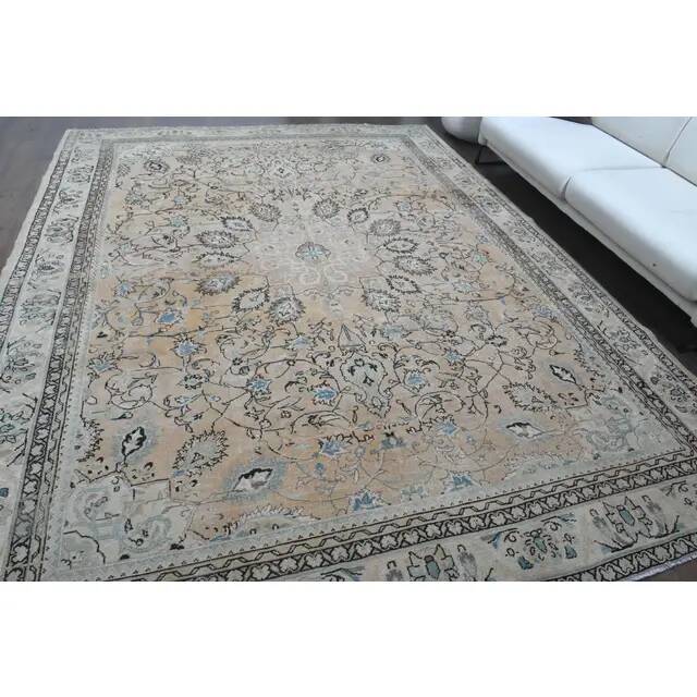 1970s Vintage Persian Handmade Wool Cotton Light Brown Area Rug 276x356