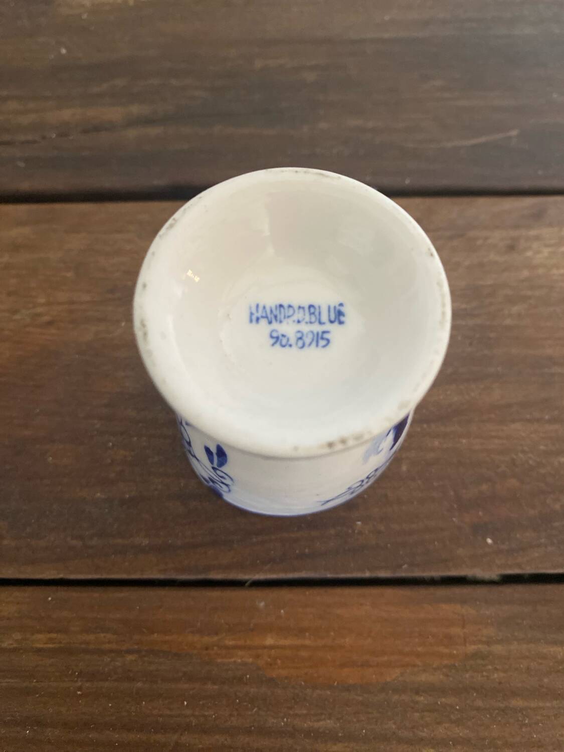 Set of 4 antique delft egg cups, white ceramic with blue vinta decor