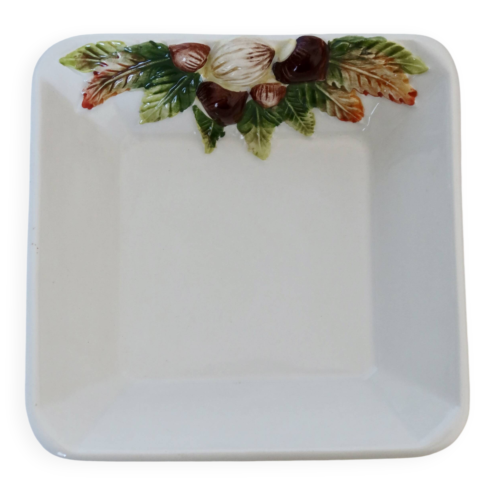 Vintage square bowl with hazelnut pattern, slip and earthenware