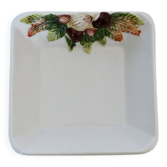 Vintage square bowl with hazelnut pattern, slip and earthenware