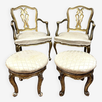 Pair of Venetian Louis XV style armchairs + poufs in gilded wood circa 1900