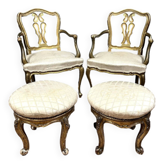 Pair of Venetian Louis XV style armchairs + poufs in gilded wood circa 1900