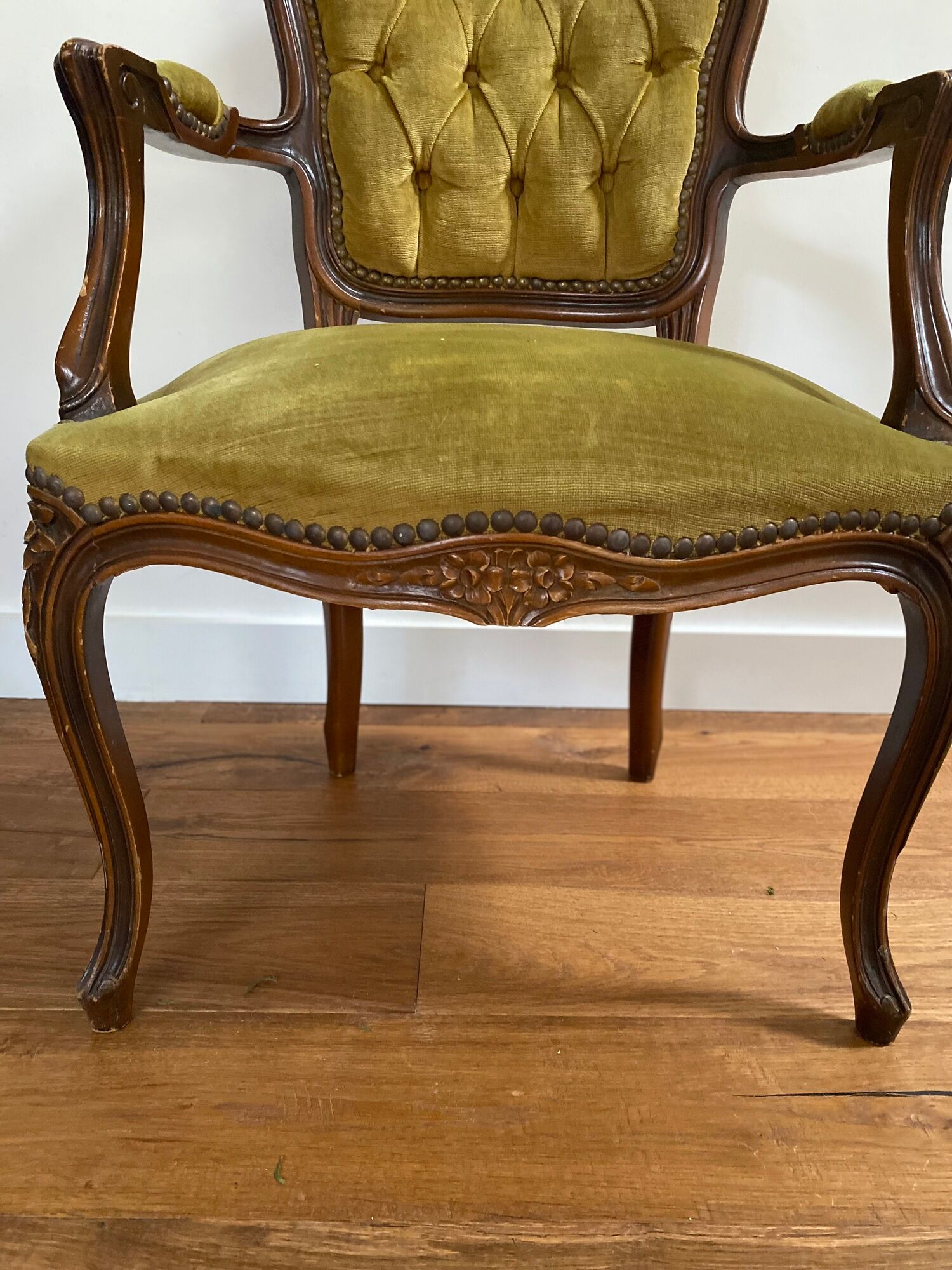 Cabriolets or Bergère armchairs Louis XV style in light green upholstered velvet