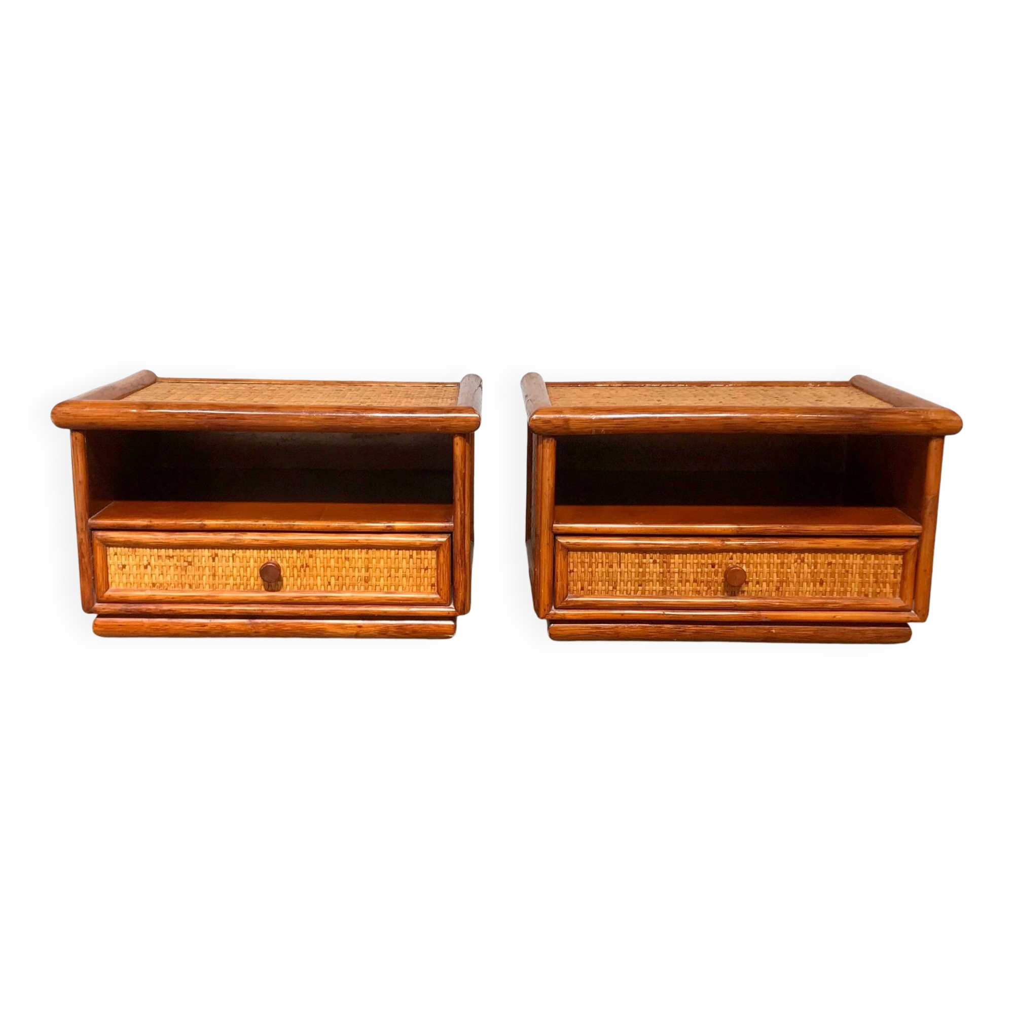 Maugrion rattan bedside tables for Roche Bobois vintage 70s