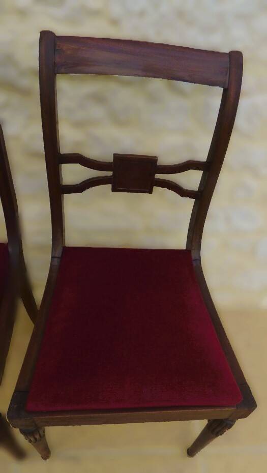 2 stylish solid wood chairs with red velvet fabric seats