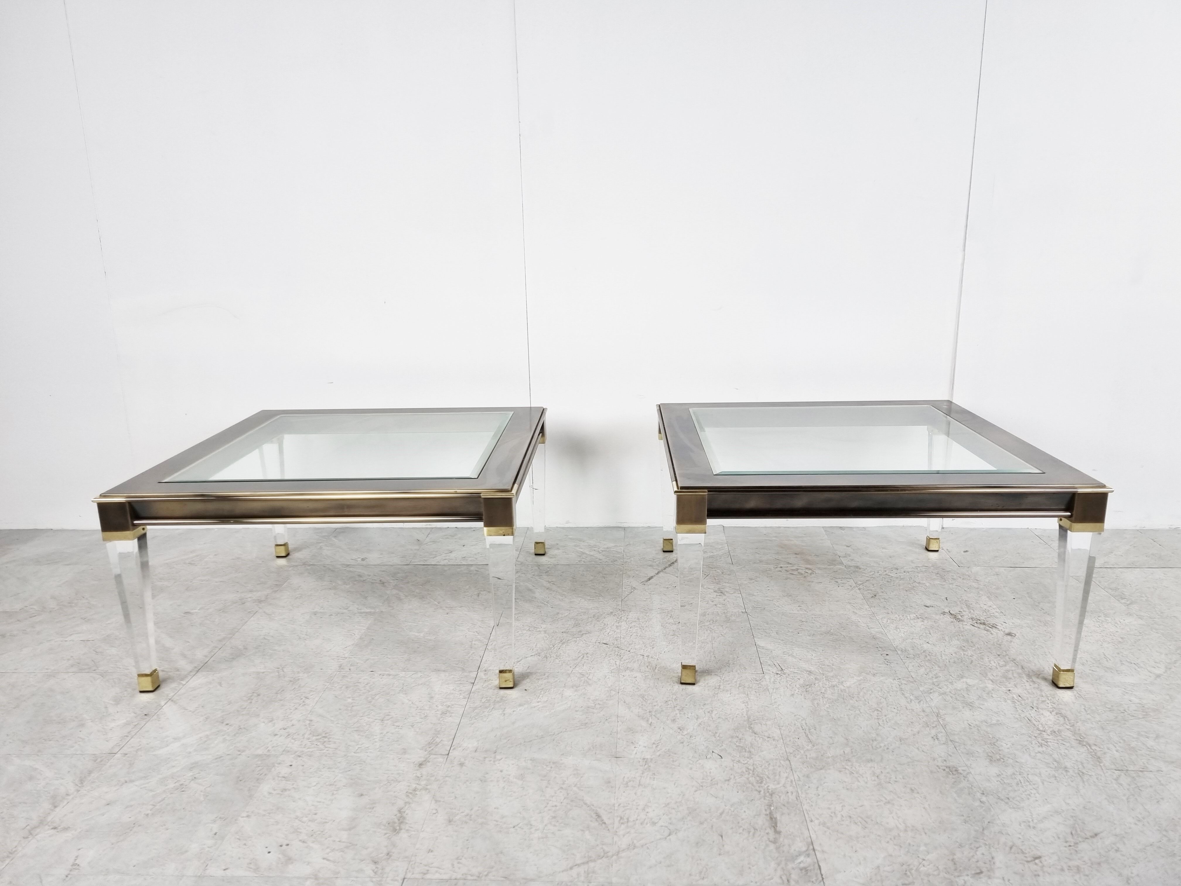 Vintage lucite and brass side tables, 1980s