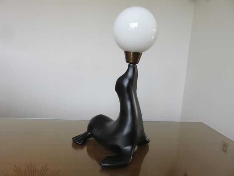 Lamp " black sea lion " white opaline ball 70s