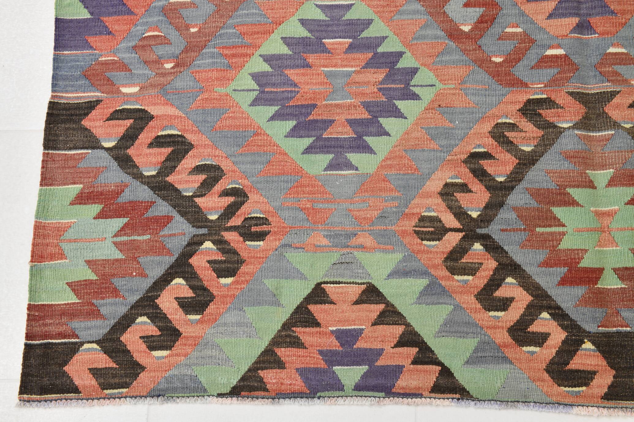 6x9 Green & Salmon Geometric Kilim Rug, 177x266Cm
