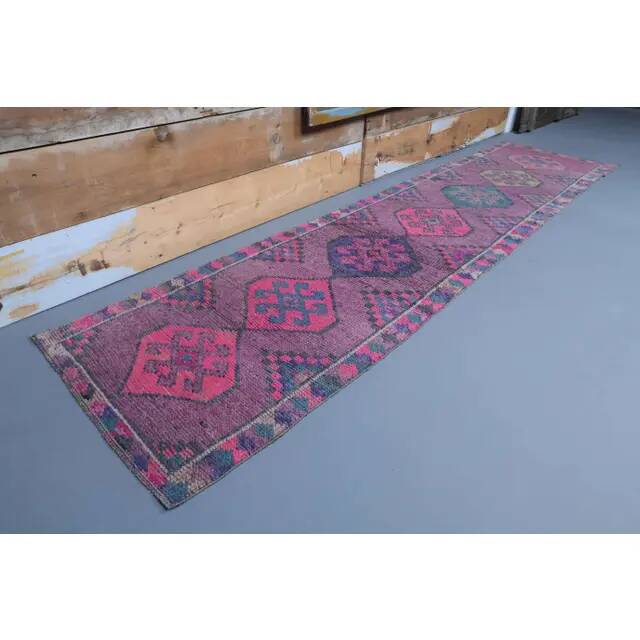 Vintage Purple Pink Natural Turkish Hand-Knotted Runner 82x355