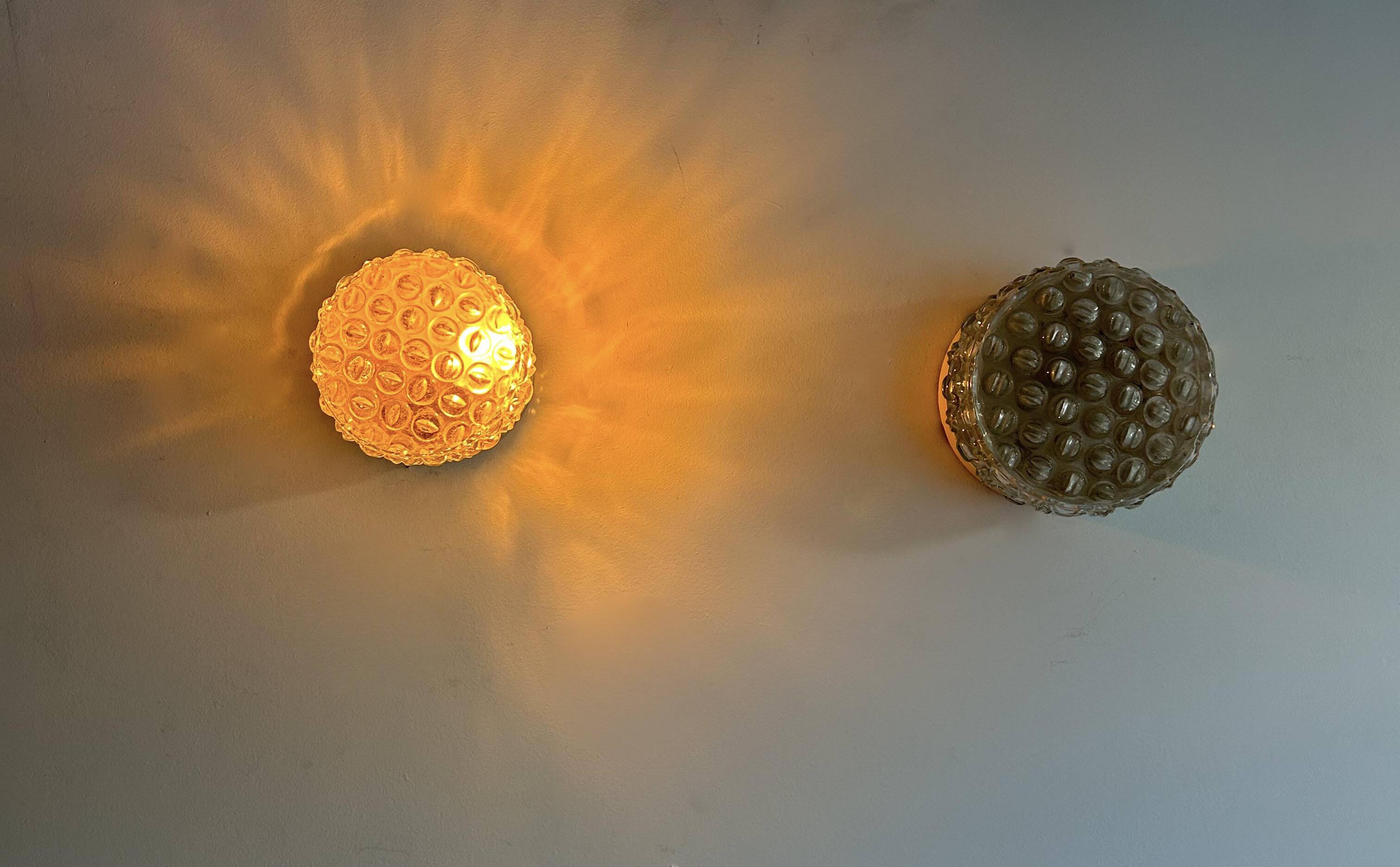 Pair of vintage wall lights, pressed molded glass, France 1960s