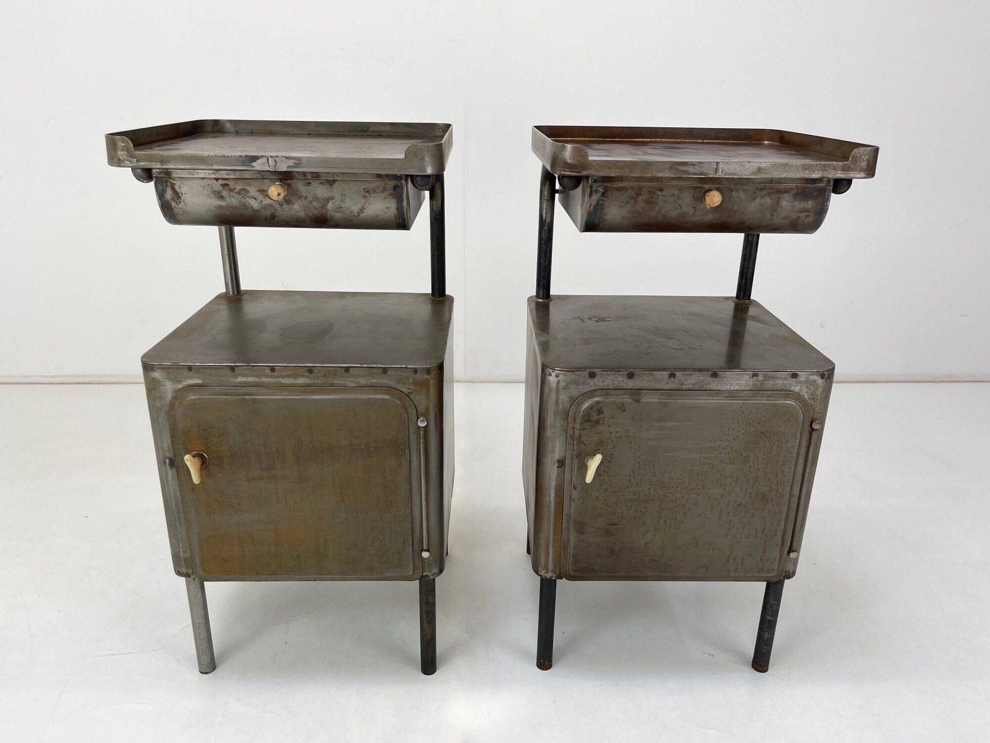 Vintage Industrial Brushed Steel Nightstands, 1920's