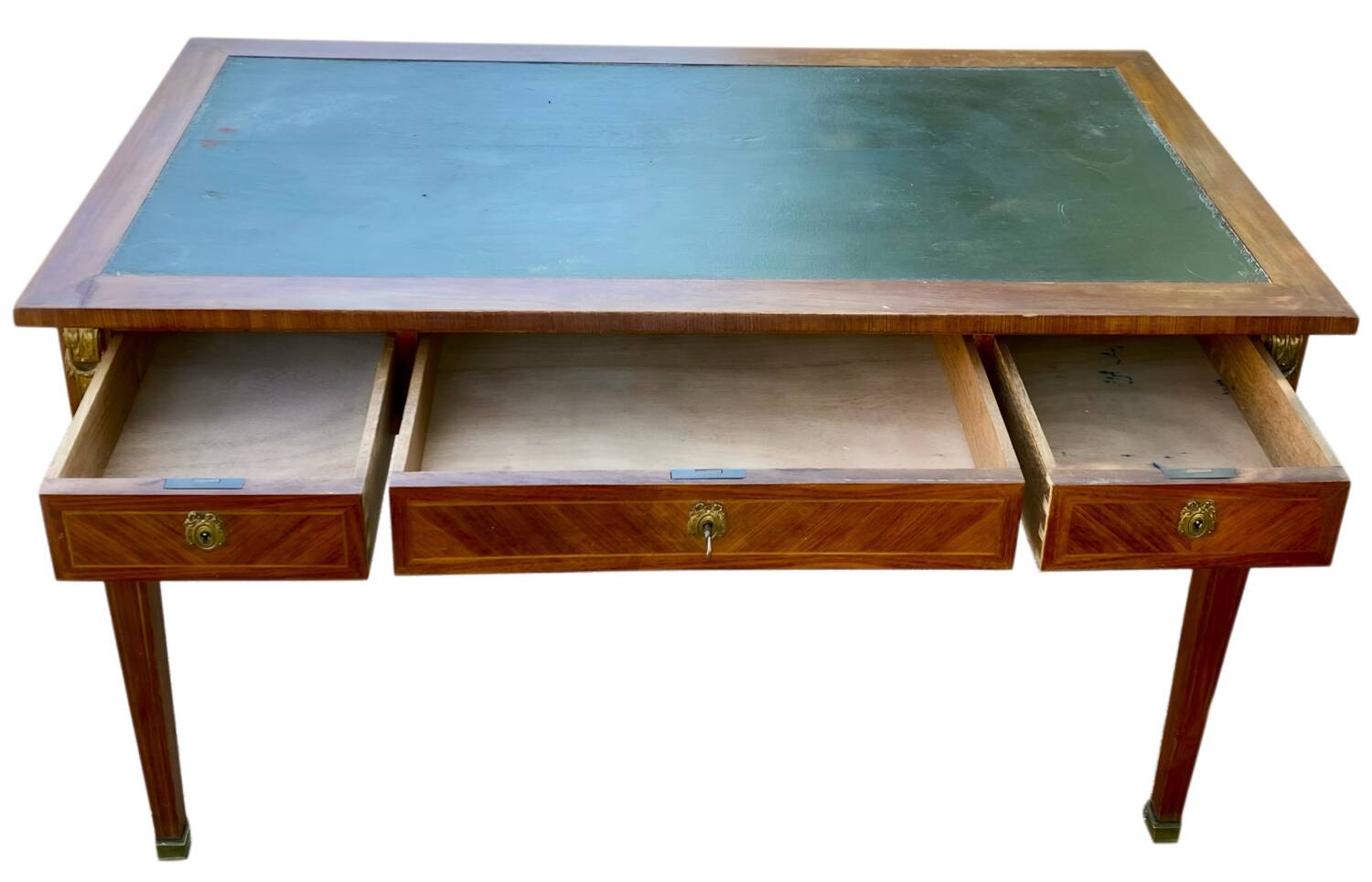 Louis XVI desk with veneer and brass, 3 drawers.