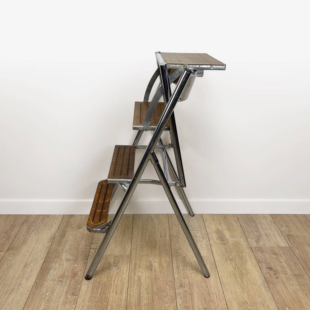 Metal wood and Formica office step stool chair from the 1950s
