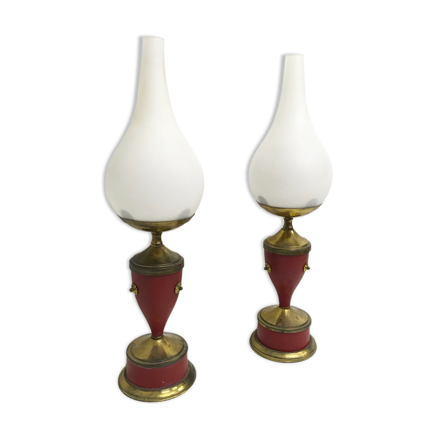 Vintage Pair of Red Varnished Metal, Brass and Glass Table Lamps, Italy