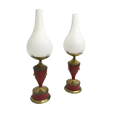 Vintage Pair of Red Varnished Metal, Brass and Glass Table Lamps, Italy