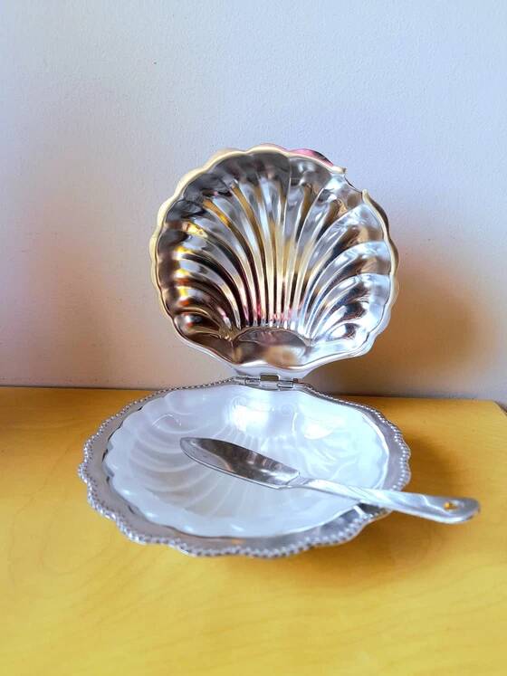 Shell butter dish and stainless steel knife
