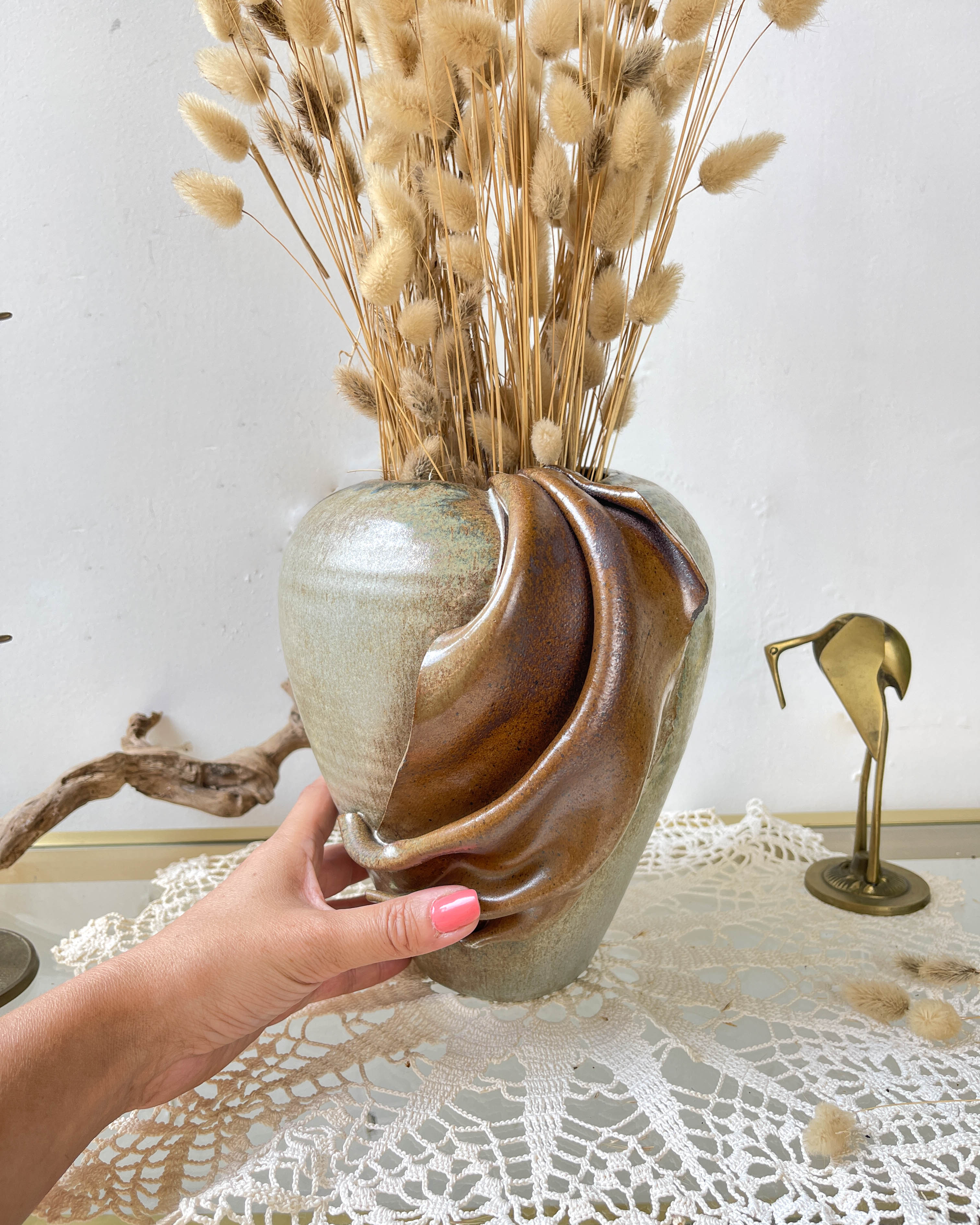 Vintage stoneware vase with draped effect glaze
