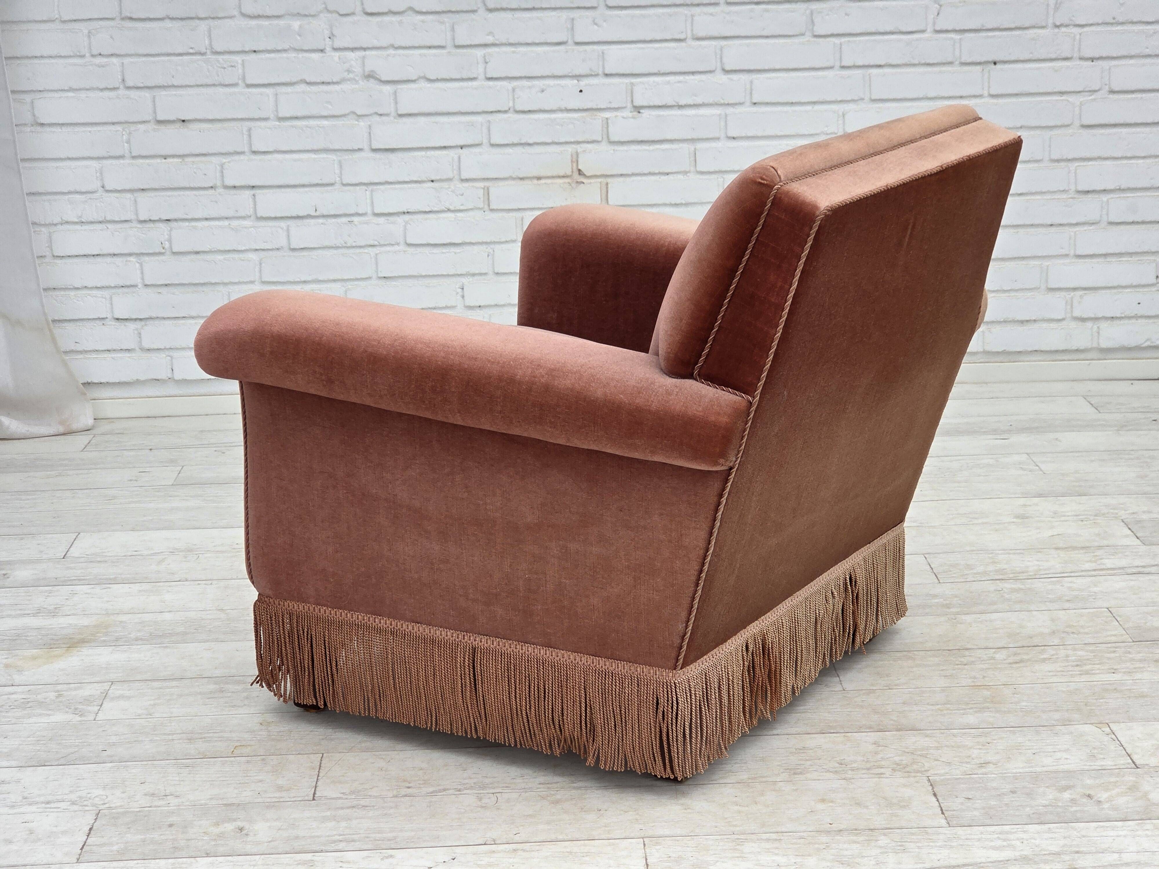1970s, Danish armchair, salmon pink furniture velour, beech wood.
