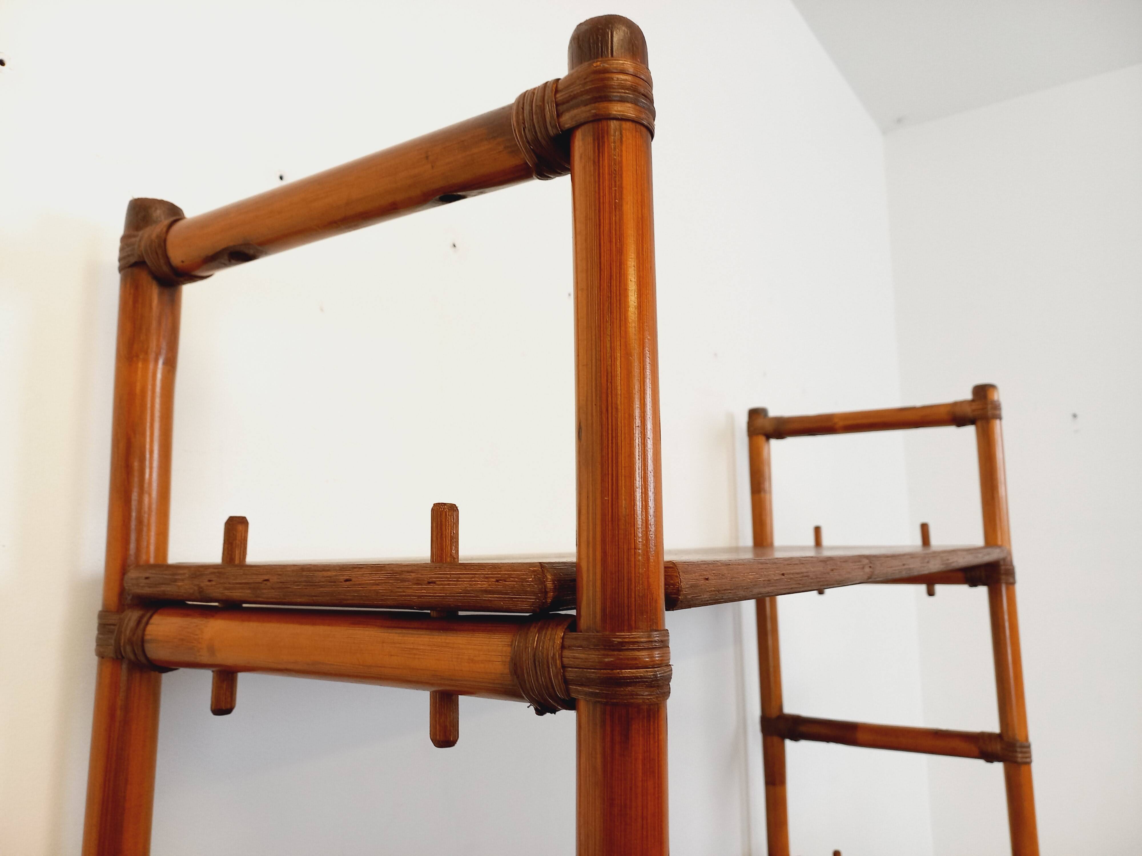 Large vintage rattan, wood and cane bookcase from the 70s