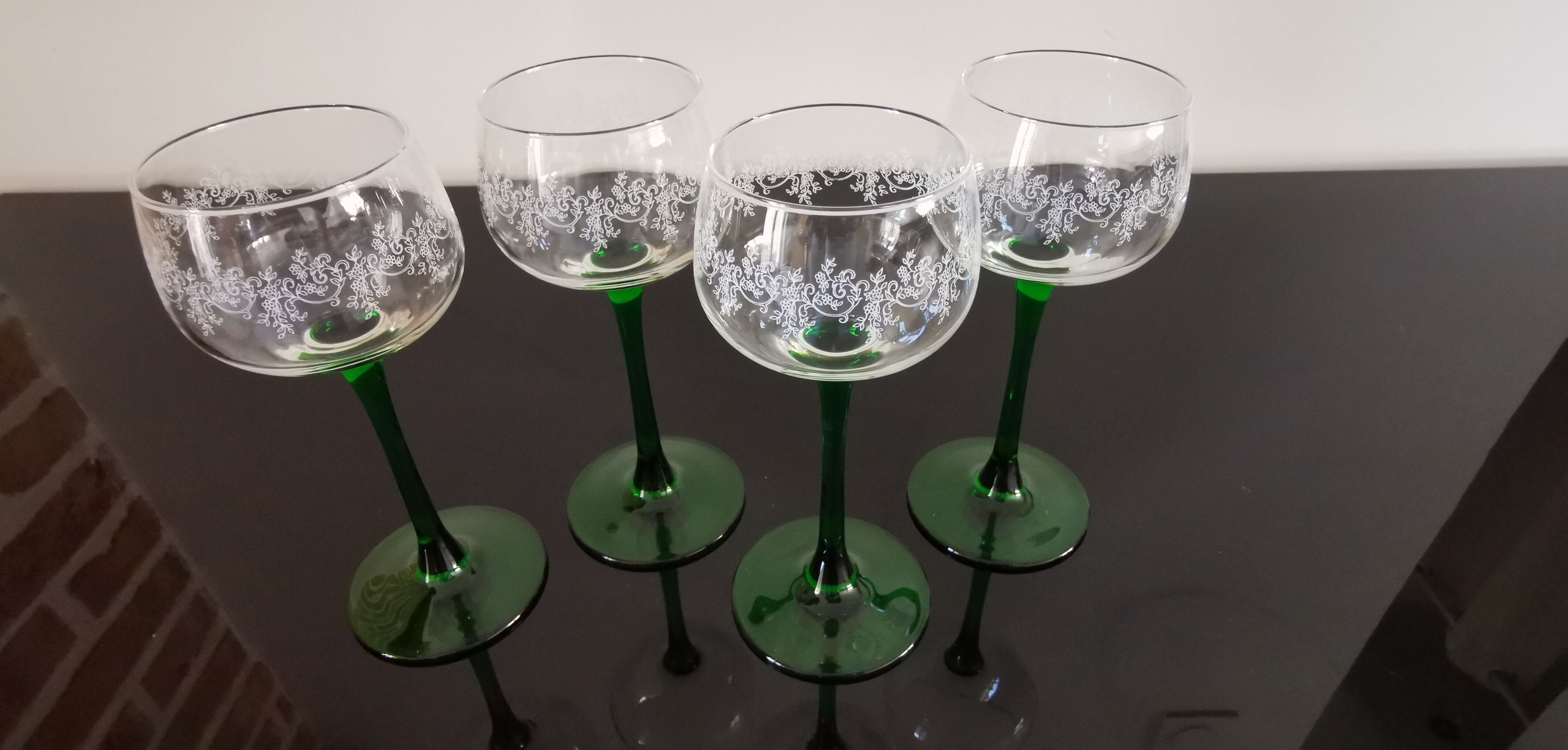 4 Vintage Alsace Wine Glasses with green feet floral decorations
