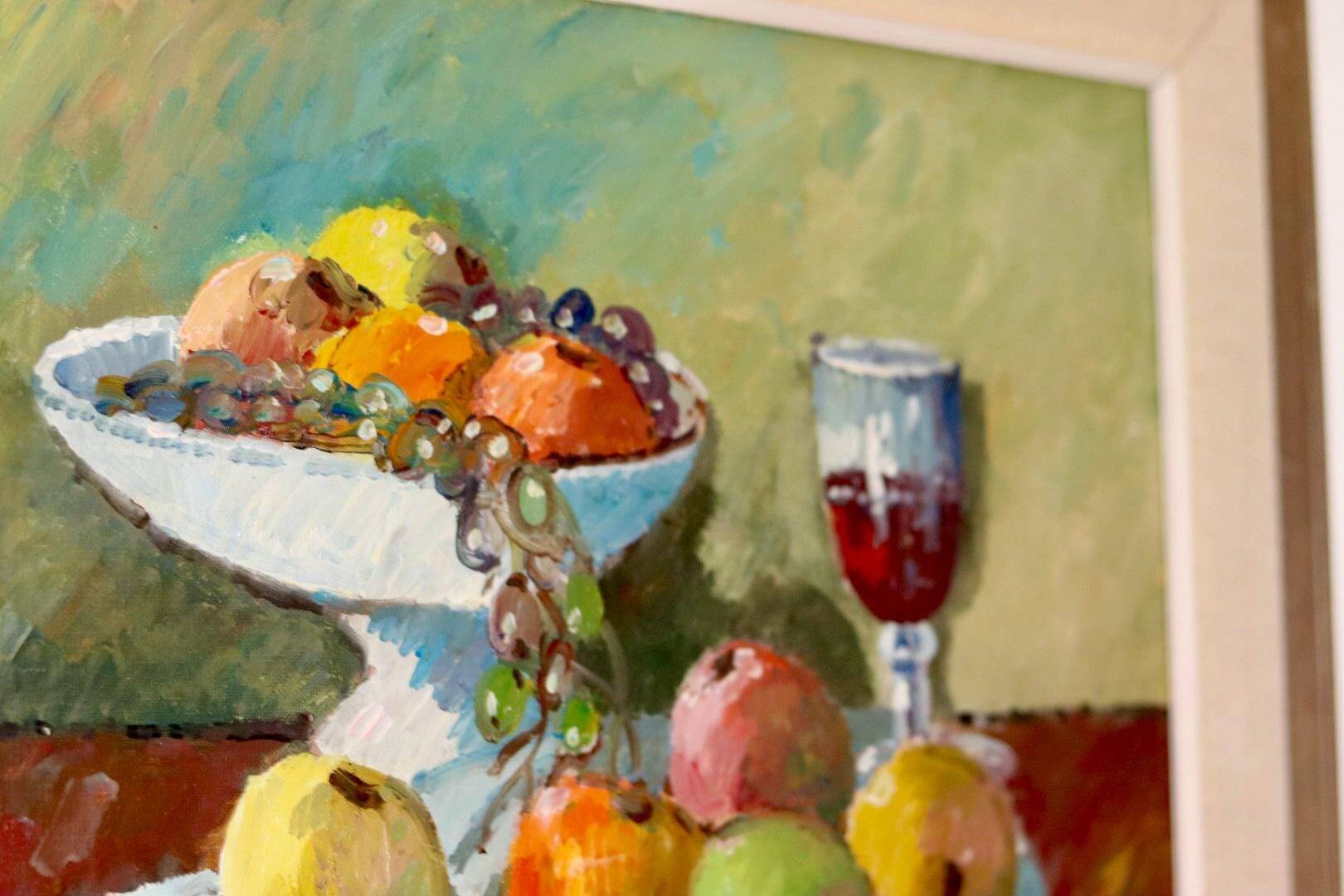 Original Swedish oil painting on canvas from the mid-century "Still Life with Bowl of Fruit" by Eric Lundgren -