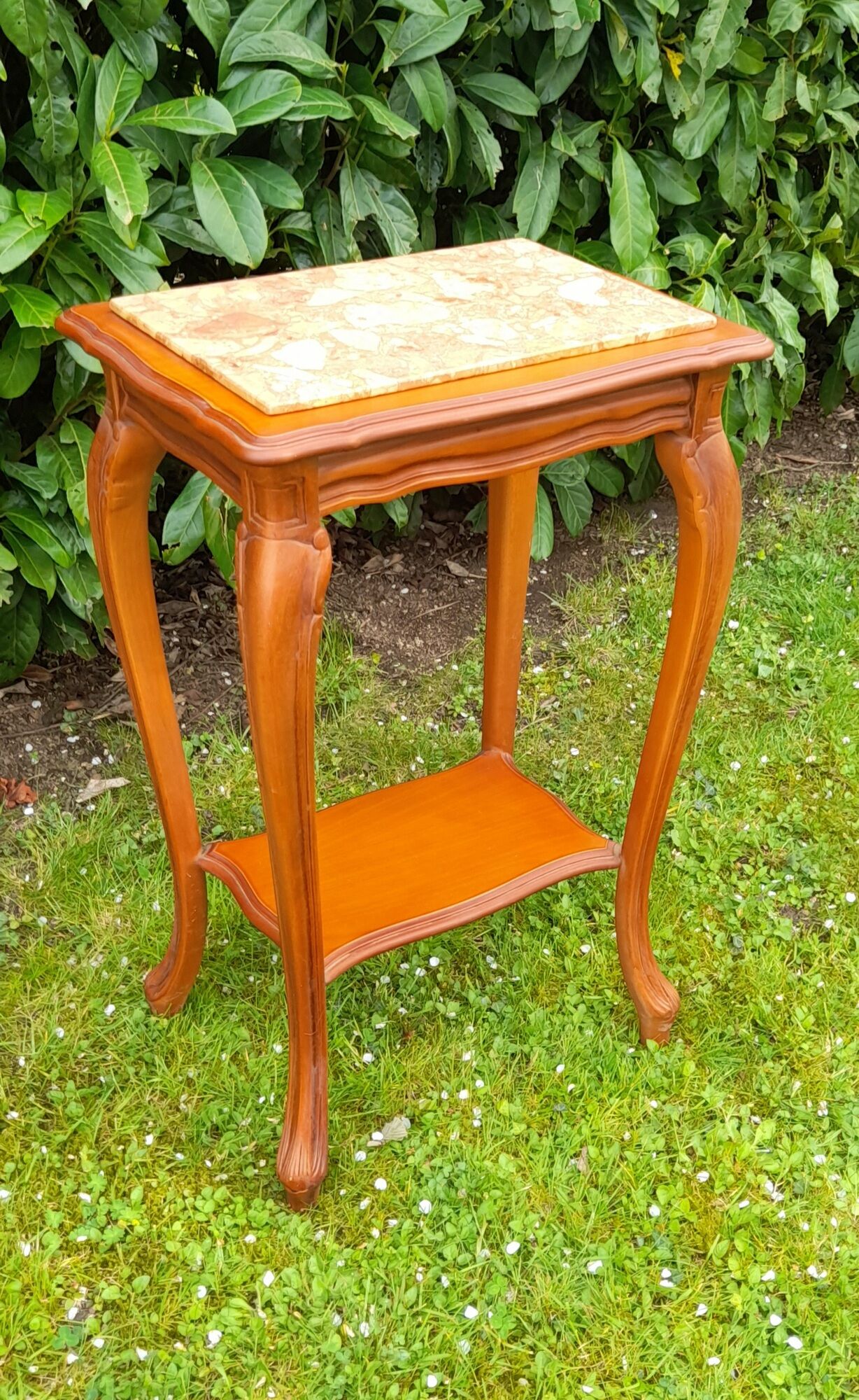 Louis XV style pedestal table/harness in solid cherry topped with marble