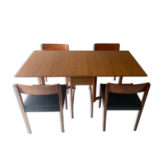 Table à manger à feuilles tombantes du milieu du siècle des années 1970 et 4 chaises de salle à manger par Schreiber