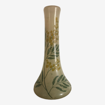 Ancien vase soliflore en verre soufflé, décor floral, période art nouveau 1900