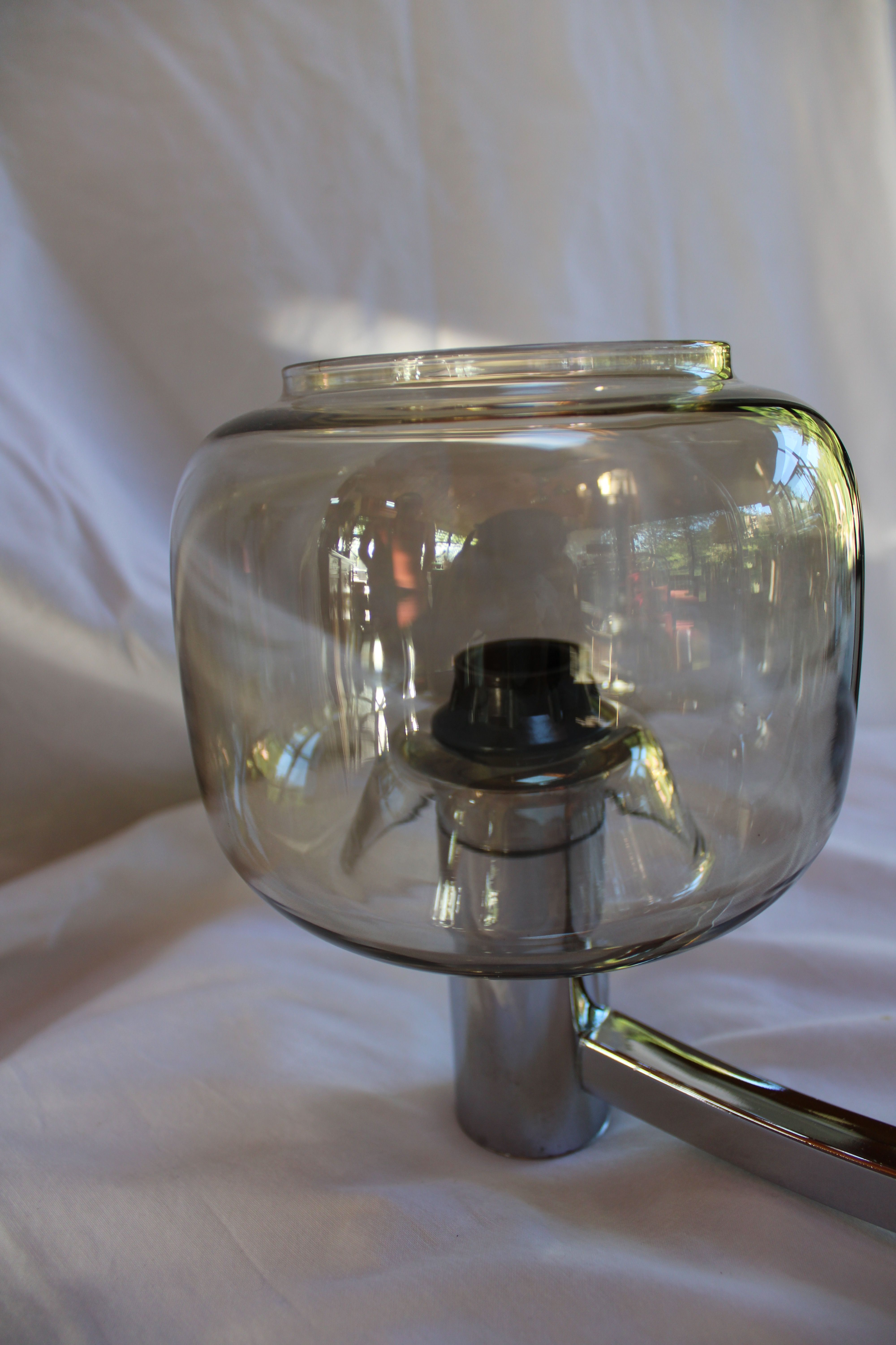 Chrome metal chandelier 3 vintage smoky glass globes