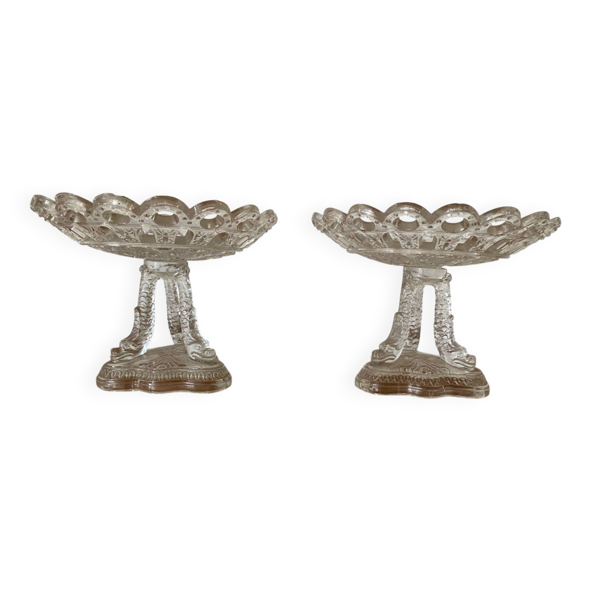 Antique pair of crystal cup drageoirs with tripod fish foot, 19th century vintage